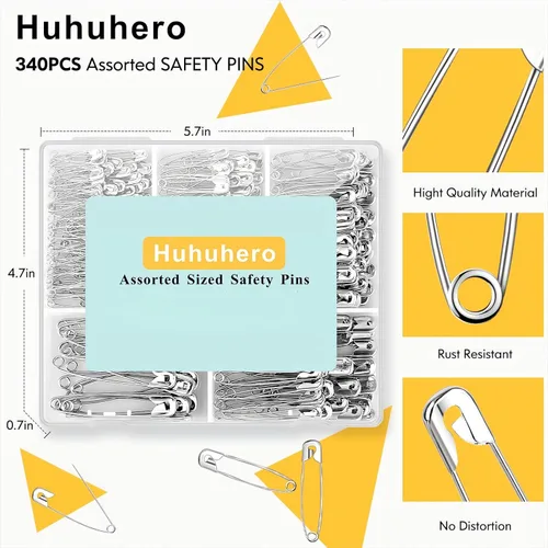 Miniatura 3 de Huhuhero Paquete de 340 pasadores de seguridad surtidos, pequeños y grandes, resistentes para coser ropa, disfraces, 5 tamaños diferentes, pasadores