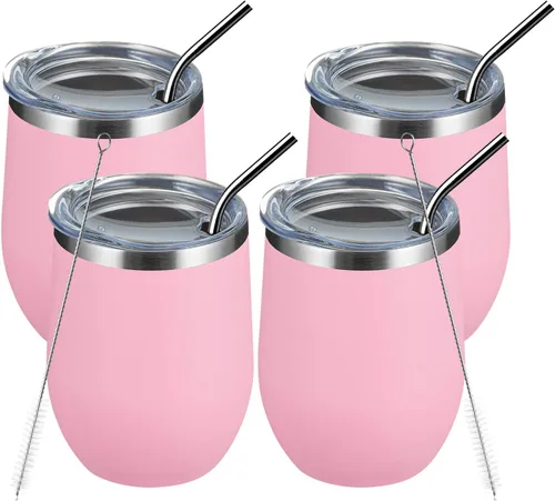 Miniatura 31 de MEWAY Vaso de vino sin tallo de 12 onzas con tapa, vaso de viaje de acero inoxidable con aislamiento de doble pared al vacío con popote, para Negro