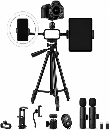 Miniatura 10 de Acuvar Kit de vlogging premium de 9 piezas para iPhone, Android y cámaras, micrófono, soporte de trípode y luz LED, paquete de YouTube, TikTok
