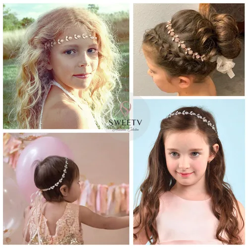 Miniatura 4 de SWEETV - Diadema plateada de niña de flores para boda, diadema de cristal para bebé, corona floral para niña, accesorios para el cabello