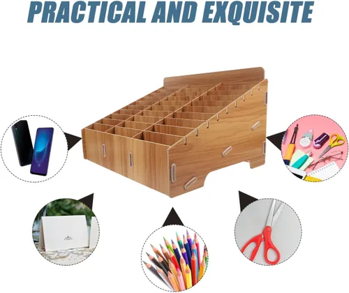 Miniatura 6 de Ciieeo Organizador de escritorio de madera, caja de almacenamiento para teléfono, 30 rejillas, compartimento para el aula, organizador de escritorio