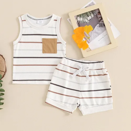 Miniatura 72 de Ropa de bebé niño sin mangas + pantalones cortos con estampado a rayas con bolsillos, 2 piezas de trajes de verano
