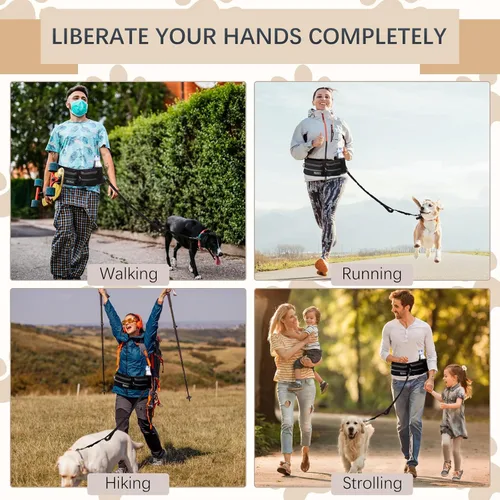 Miniatura 8 de Correa para perro con cinturón, costuras reflectantes, asas dobles, diseño retráctil elástico, perfecto para correr, negro, adecuado para perros