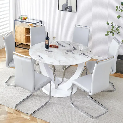 Miniatura 11 de Juego de mesa de comedor redonda de 48'' para 4, juego de mesa y sillas de cocina de mármol, conjunto de 4, mesa redonda con pata de MDF negro