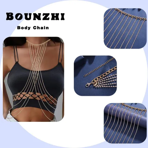 Miniatura 2 de Bounzhi Arnés de cadena corporal con diamantes de imitación, cruzado, sexy, joyería para el cuerpo, collar de cadena de bikini para mujeres y niñas