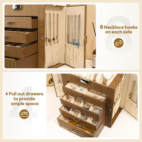 Miniatura 5 de Homde Caja de joyería enorme de cuero sintético, organizador de reloj con espejo, collar, anillo y aretes, caja de regalo con cerradura (marrón)