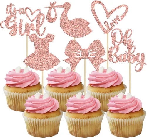 Miniatura 14 de Gyufise 36 piezas Adornos para cupcakes de baby shower con purpurina, chupete, carrito de bebé, oso, Oh Baby, púas para cupcakes para revelación