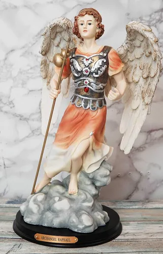 Miniatura 9 de Ebros Iglesia Católica Ortodoxa Ortodoxa Oriental Bizantina Arcángel del colorido San Rafael La curación de Dios Estatua con placa de nombre