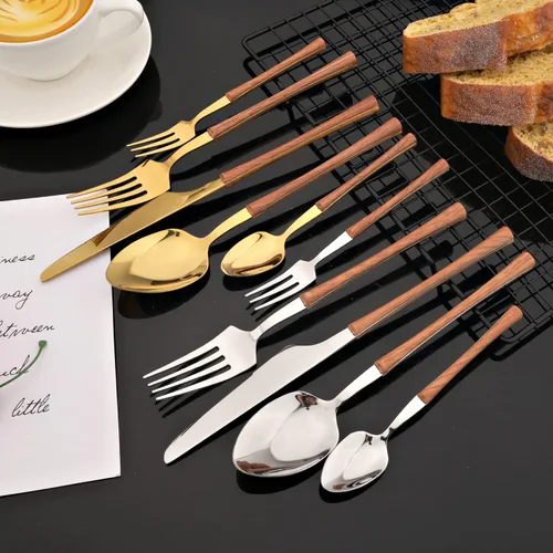 Miniatura 2 de JASHII Juego de cubiertos con mango de madera, juego de cubiertos de acero inoxidable de 20 piezas, pulido con espejo, juego de cucharas y tenedores