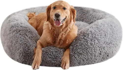 Camas calmantes para perros grandes, cama para perros de dona acogedora de piel sintética, almohada redonda y esponjosa, cama lavable para perros de