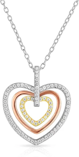 Femme Luxe Collares tricolores de 0.90 GTW con circonita cúbica blanca abierta con corazones flotantes en plata de ley 925. Cadena de cable de 18