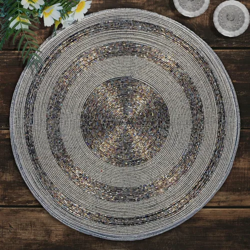 Miniatura 2 de Decozen Juego de manteles individuales redondos plateados con cuentas de vidrio de 8 a 14 pulgadas para platos de cena, manteles individuales hechos