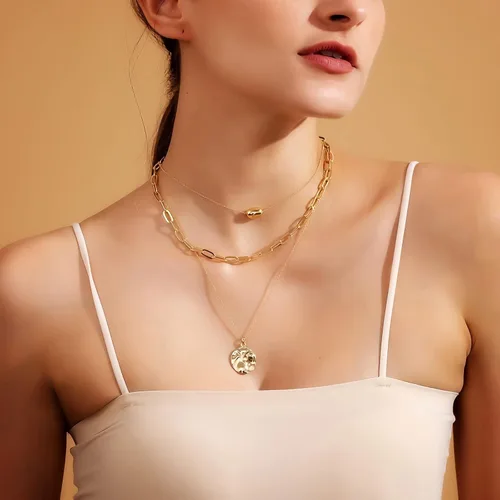 Miniatura 2 de Jewlure Collar chapado en oro de 18 quilates, collar con colgante en capas de moda, regalo para mujeres y niñas, chapado en oro, No es una piedra