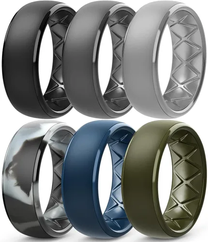 Miniatura 64 de Egnaro Anillos de boda de silicona para hombre: 1/4/6/7 Multipack de anillos de boda de goma con arco interior Diseño ergonómico transpirable