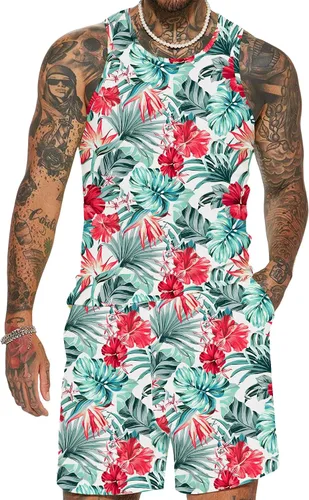JoZorro Conjunto de camiseta sin mangas con estampado floral para hombre, camiseta deportiva casual con estampado de lujo, ropa deportiva hawaiana,