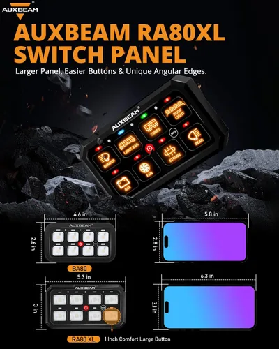 Miniatura 2 de Auxbeam Panel de interruptores RGB de 5 pulgadas, grande, 8 cuadras, panel de interruptor RA80 XL, pulsado momentáneo, 12 V, panel de interruptor