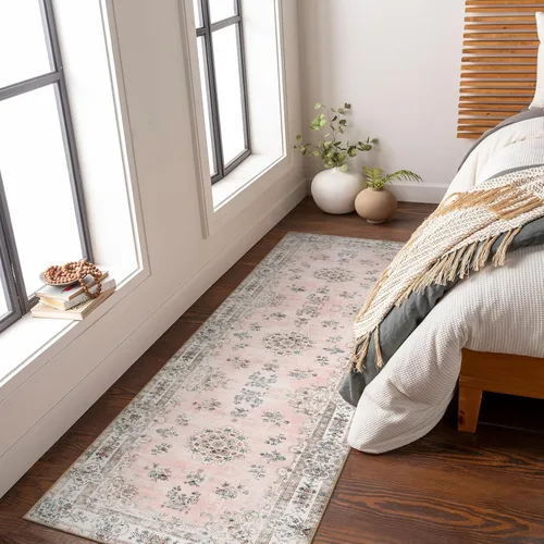 Miniatura 2 de Lahome Alfombra de pasillo rosa de 2 pies 6 pulgadas x 8 pies para pasillo, alfombra europea con estampado floral vintage lavable para cocina, baño
