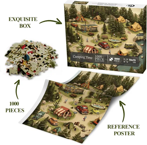 Miniatura 5 de Rompecabezas Vintage de Campamento en el Bosque para Adultos de 1000 Piezas, Rompecabezas Escénico de Lago al Aire Libre de RV, Rompecabezas Camping
