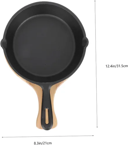 Miniatura 2 de Sartén antiadherente de hierro fundido grueso con mango y tabla de madera, sartén para cocinar carne y huevos para el hogar, cocina, conducción
