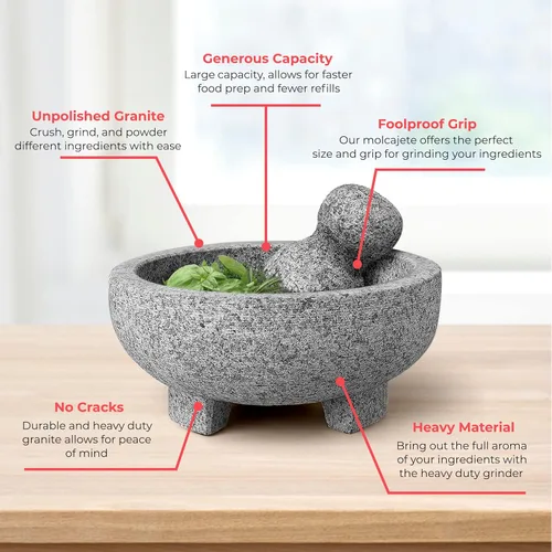 Miniatura 3 de Alpine Cuisine Juego de molcajete de mortero y mortero de granito de 8 pulgadas, granito sin pulir, tazón de molinillo de especias para salsa