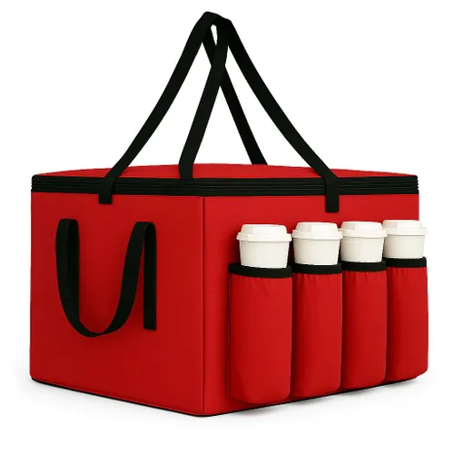 Miniatura 12 de musbus Bolsa aislada para entrega de alimentos con portavasos/portadores de bebidas Premium XXL, ideal para bebidas, comestibles, pizza, calidad Rojo