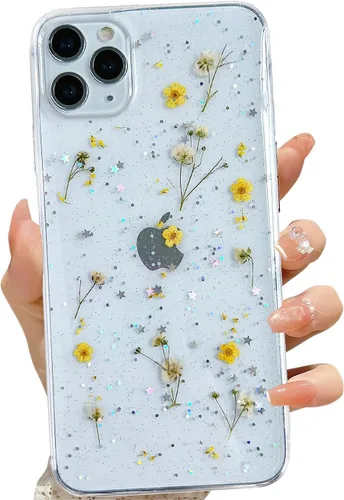 Miniatura 35 de LSEEKA Funda transparente para iPhone 13 Mini/iPhone 12 Mini con diseño de flores reales prensadas, con purpurina, bonito patrón floral blanco, Oro