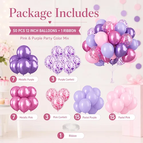 Miniatura 4 de Globos rosados y morados, 50 unidades de 12 pulgadas, globos de confeti, globos de látex metálicos rosados y morados con cinta, globos de fiesta