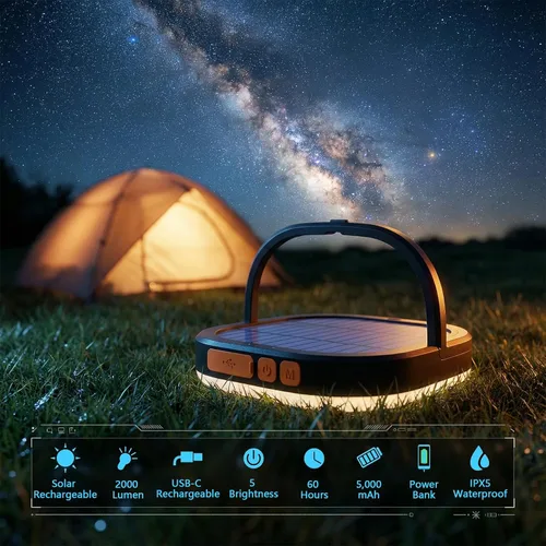 Miniatura 2 de Linterna LED para campamento, linternas solares, luz recargable de 5000mAh 2000 lúmenes 5 modos de luz, impermeable IP65 con carga USB – Linternas