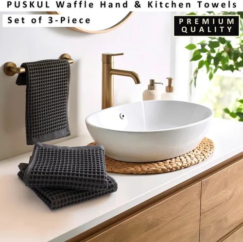 Miniatura 3 de PÜSKÜL Toalla de Cocina de Gofre Orgánico 100% Algodón Turco Juego de 3 Gris Oscuro - Toallas de Mano de 32x16 Pulgadas de Calidad Premium, Suave