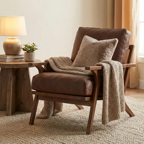 Miniatura 15 de HNY Mid-Century - Silla decorativa tapizada moderna, sillón de tela de lino con marco de madera maciza, cómoda silla de descanso con almohada
