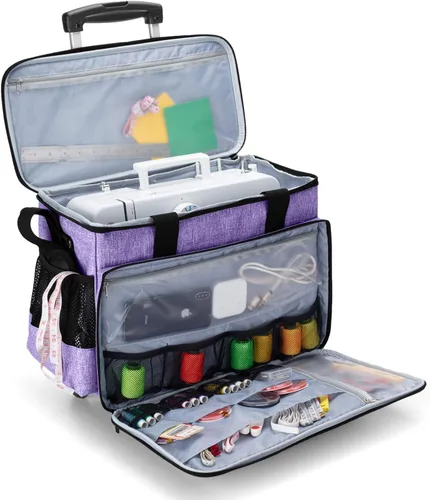 Miniatura 3 de Yarwo Funda de transporte mejorada para máquina de coser con ruedas, bolsa de mano desmontable con tabla inferior extraíble y pata de remolque Morado