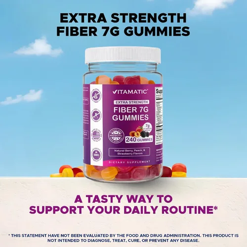 Miniatura 5 de Vitamatic Gomitas de fibra prebiótica para adultos, 7G de fuerza extra, sin azúcar añadida, 240 gomitas a base de pectina, apoyo para la salud