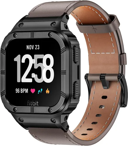 Miniatura 8 de BAITEYOU Leather Bands with Stainless Steel Case Compatible with Fitbit Versa 1 2 3 4 Lite Sense 2 1 Protective case for men