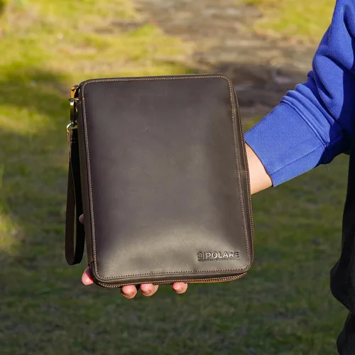 Miniatura 7 de Polare - Organizador de cables de viaje de cuero de grano completo, bolsa de transporte para accesorios electrónicos con cremalleras YKK, bolsa