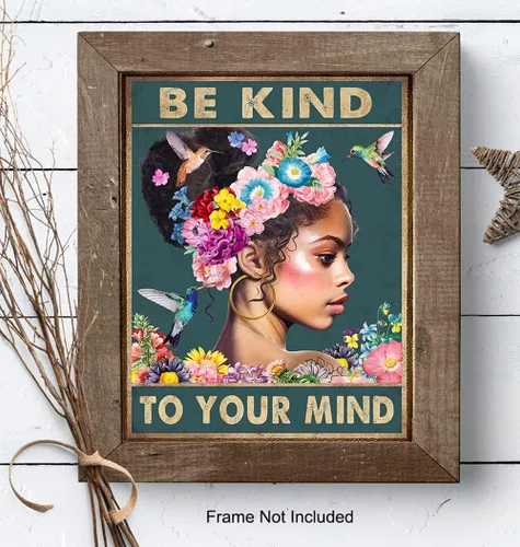 Miniatura 8 de Arte de pared de mujeres afroamericanas negras – Chica negra – Be Kind to Your Mind - Citas inspiradoras - Colibríes Salud mental Póster de arte