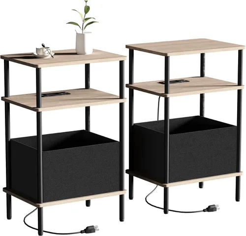 Miniatura 13 de Mesa auxiliar pequeña con estación de carga, mesa auxiliar para espacios pequeños, mesita de noche delgada con tomacorriente, sofá junto a la mesa
