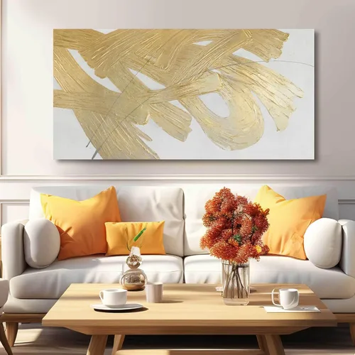 Miniatura 2 de Arte de pared abstracto dorado blanco y dorado pintura enmarcada moderna obra de arte con textura para sala de estar oficina comedor cuadros 24x48
