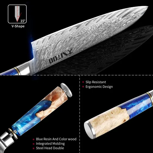 Miniatura 4 de XITUO VG10 Juego de cuchillos de chef japoneses de acero Damasco de 4 piezas, resina azul y mango de madera, cuchillo de chef de 8 pulgadas