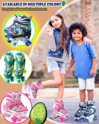 Miniatura 6 de Dino - Patines de ruedas para niños y niñas, WESKIFAN Dinosaur Quad Skating Shoes con ruedas brillantes y tamaños ajustables para principiantes