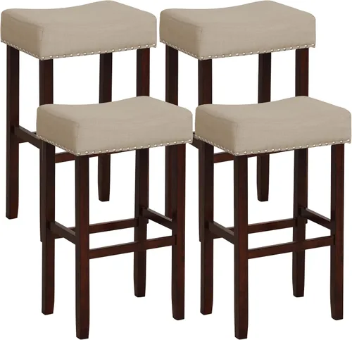 Miniatura 8 de COSTWAY Juego de 4 taburetes de madera, sillas de mostrador sin espalda de 29.5 pulgadas con borde de cabeza de clavo, marco de madera de goma