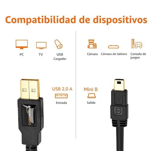 Miniatura 3 de Amazon Basics Cable USB-A a Mini USB 2.0, velocidad de transferencia de 480 Mbps con enchufes chapados en oro, 3 pies, negro