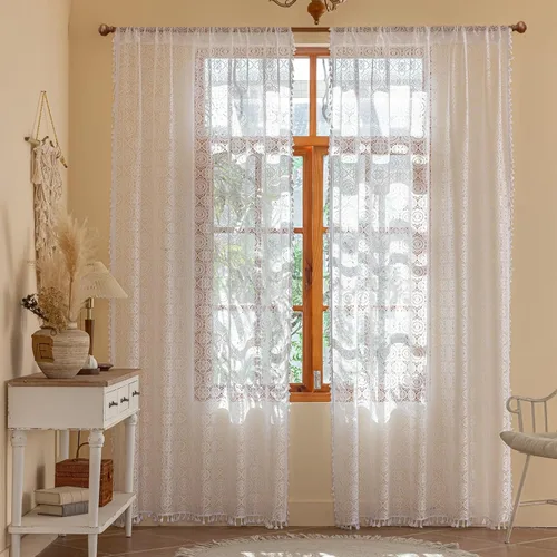 Miniatura 38 de YJ YANJUN - Cortinas de café boho, 24 pulgadas de largo, 2 paneles, cada una de 59" de ancho x 24" de largo, beige, con crochet, cortinas de cocina