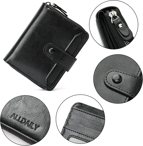 Miniatura 6 de Billetera pequeña para mujer con bloqueo RFID, cierre de cuero, bolsillo para monedas, tarjetero, con ventana de identificación, Negro