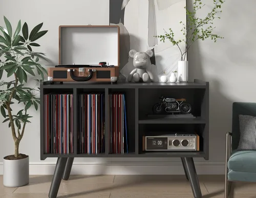 Miniatura 2 de Soporte para tocadiscos con almacenamiento de vinilo, soporta hasta 136 kg, gran mesa para tocadiscos con gabinete para almacenamiento de álbumes