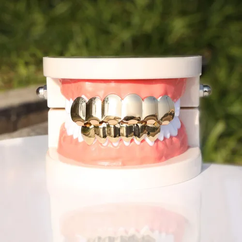 Miniatura 2 de TSANLY Gold Grillz 6 Teeth Mouth 24K Plated Gold Top & Bottom Grills Caps Set for Son + Extra Molding Bars + Microfiber Cloth