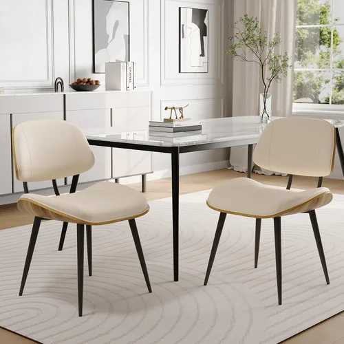 Miniatura 7 de Juego de 2 sillas de comedor modernas de mediados de siglo, sillas de cocina sin brazos de piel sintética con respaldo de madera curvada de nogal