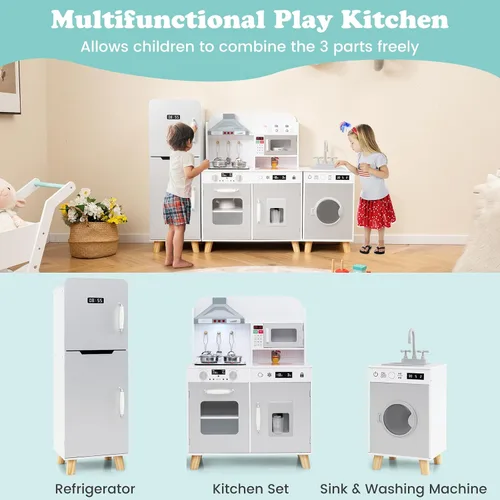 Miniatura 2 de HONEY JOY Juego de cocina para niños, 3 piezas, modular de madera de esquina, juego de cocina, refrigerador/lavadora y fregadero, campana extractora
