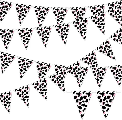 Paquete de 6 banderines con estampado de vaca, color rosa y negro para decoración de fiesta de vaquero occidental, baby shower, temática de