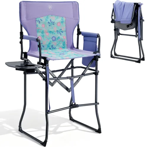 Miniatura 12 de EVER ADVANCED Silla alta de textileno para campamento, silla de directores de malla, taburete de bar plegable alto con mesa auxiliar para Malla Negra