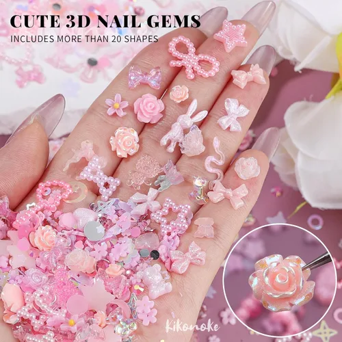 Miniatura 4 de Lindos dijes para uñas 3D, 100 piezas de conejo mariposa flor lazo, dijes de arte para uñas mixtos de diamantes de imitación de uñas con parte Rosa